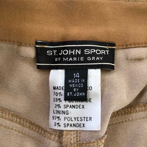St John Sport Marie Gray Pants Size 14 Golden Tan Flat Front Stretchy Neutral - Picture 2 of 11